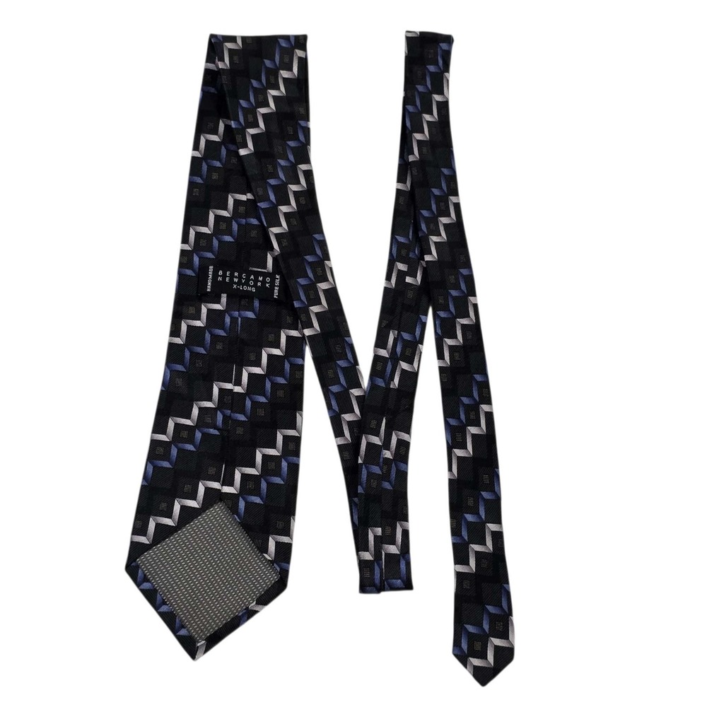 Bergamo New York Designer X-Long Silk Geometric Pattern Necktie Black‎ Blue Gray